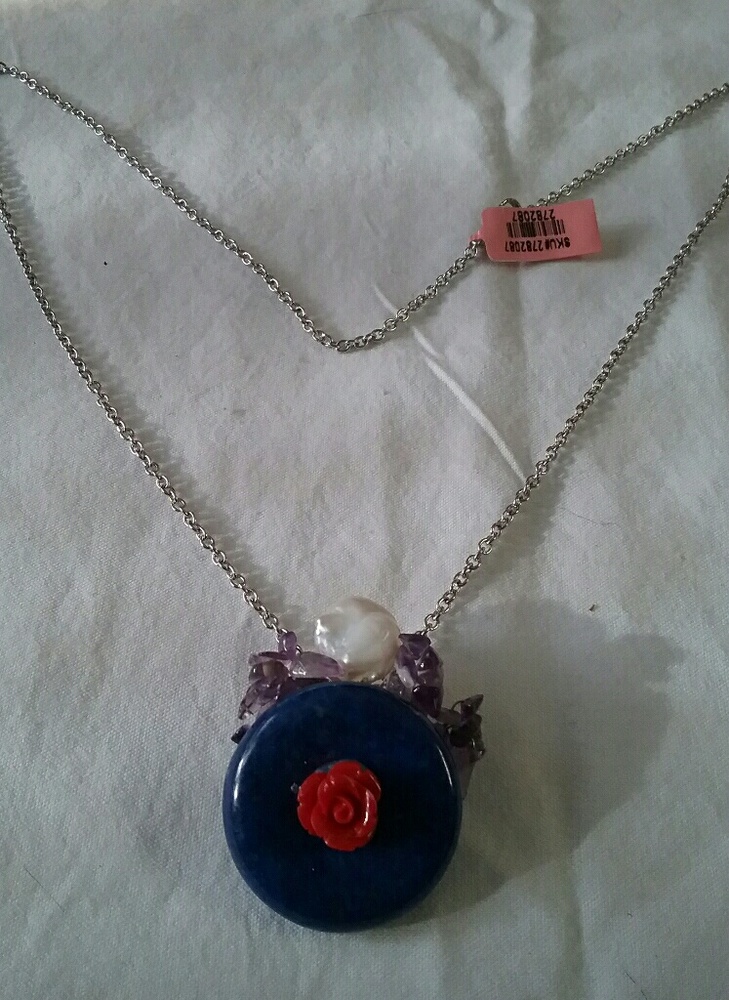 Genuine Lapis/Amethyst/Pearl/Coral Necklace & Pin
